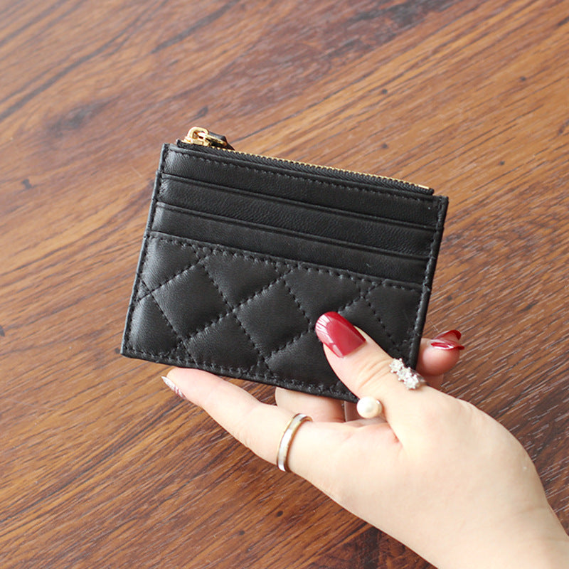 Women's Soft Lambskin Short Classic Style Rhombus Card Holder