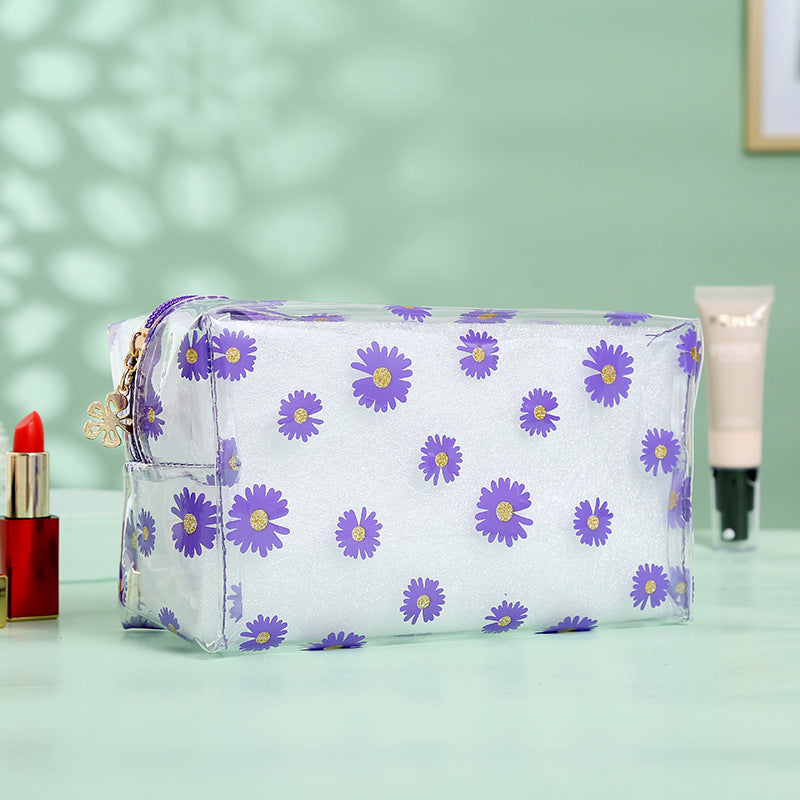 Women's Waterproof Little Daisy Printing Zipper Toiletry Portable Makeup Bag