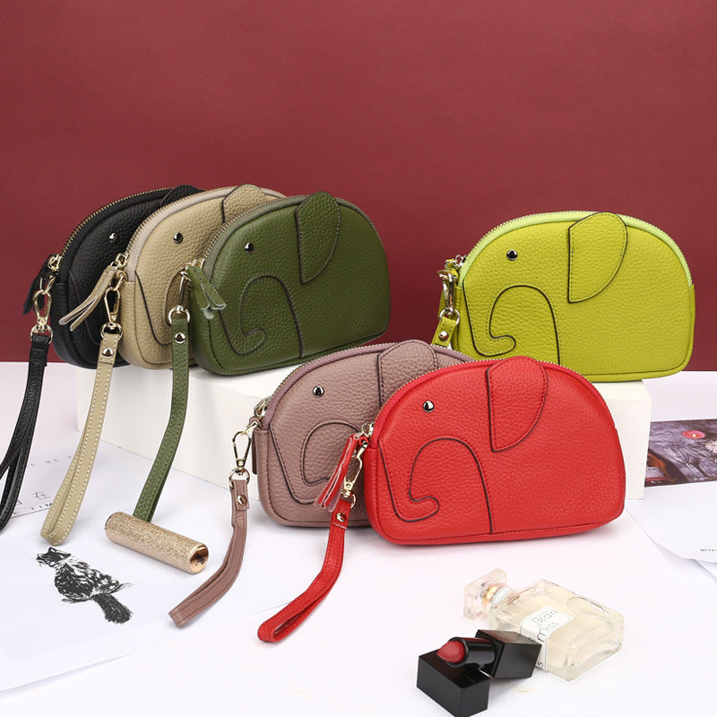 Women's First Layer Cowhide Cute Creative Mini Elephant Long Mobile Genuine Handbags