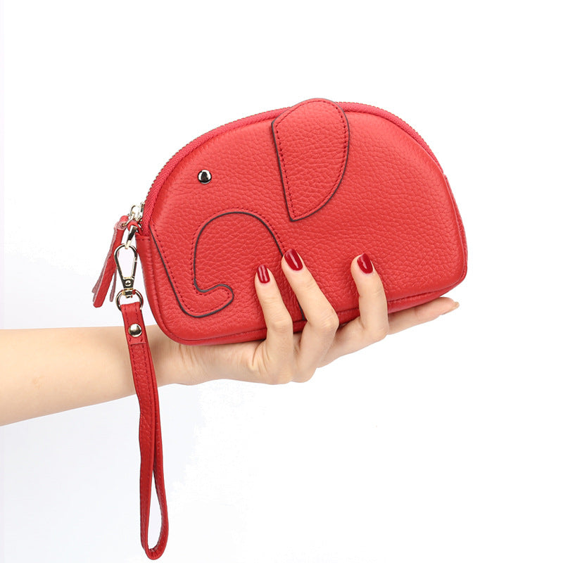Women's First Layer Cowhide Cute Creative Mini Elephant Long Mobile Genuine Handbags