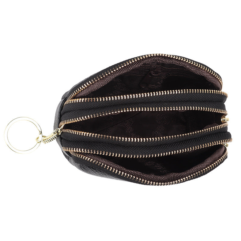 Mini First Layer Cowhide Triple Zipper Coin Purses