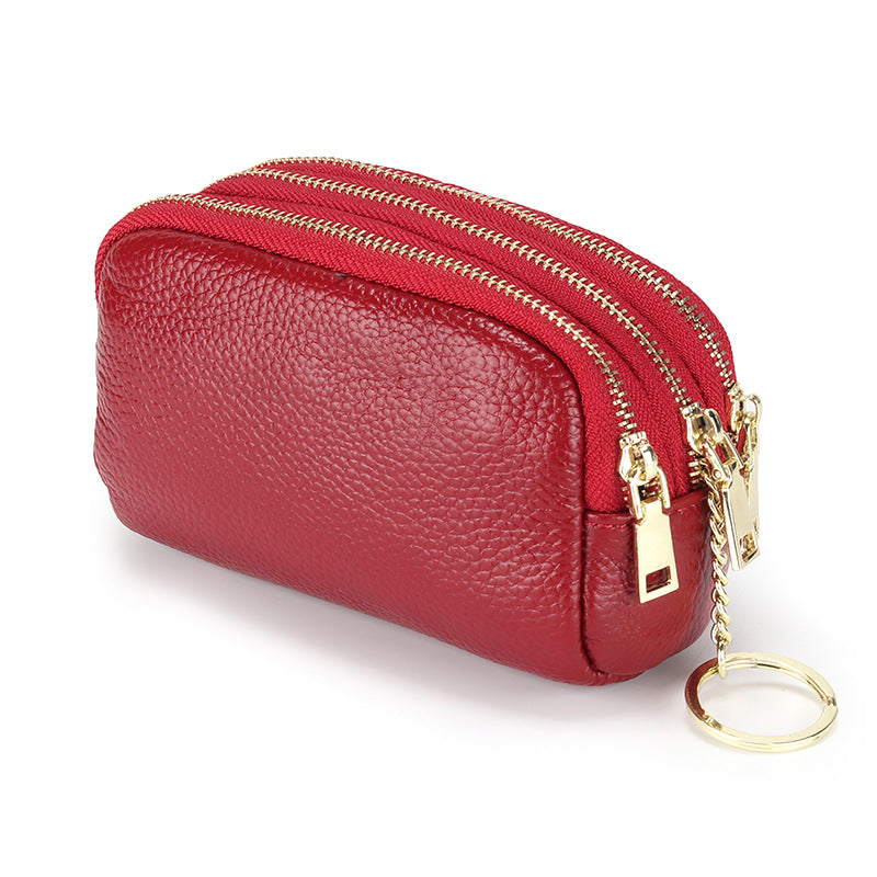Mini First Layer Cowhide Triple Zipper Coin Purses