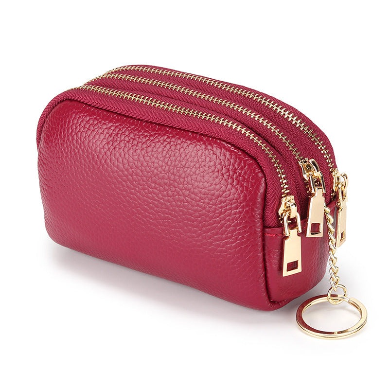 Mini First Layer Cowhide Triple Zipper Coin Purses