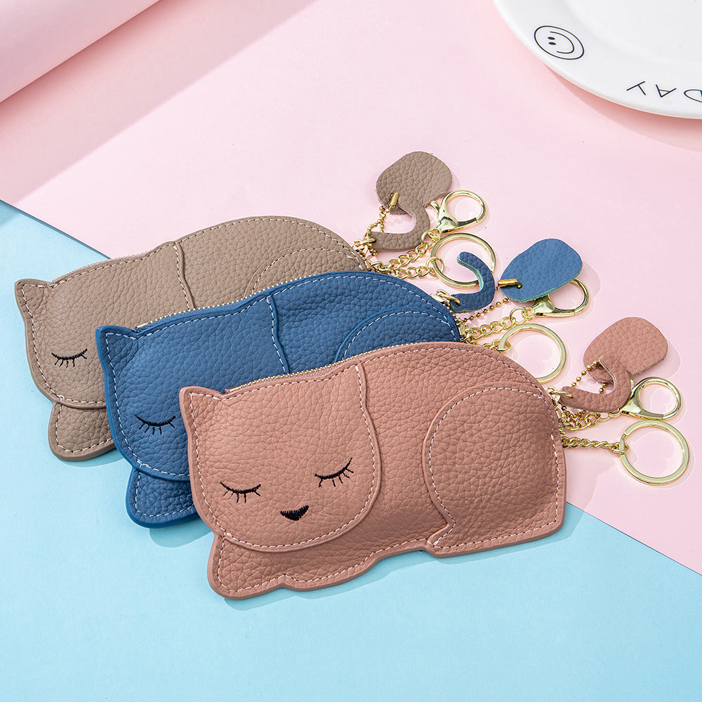 Cute Cat Live Broadcast Genuine Leather Coin Purses