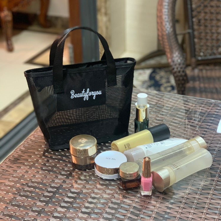 Women's Style Hollow Out See Through Mesh Portable Large Capacity Makeup Bag