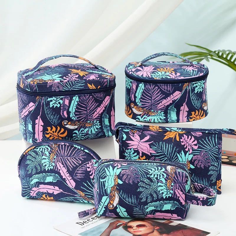 Women's Large Capacity Canvas Storage Monstera Printing Portable Makeup Bag