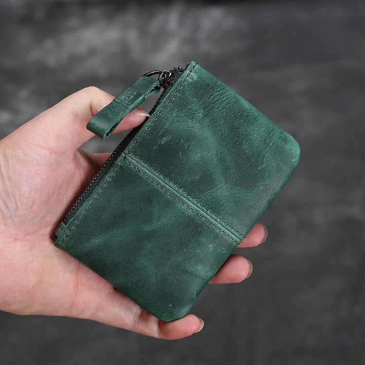Women's & Men's Retro Crazy Horse Leather Genuine Mini Short Zipper Korean Card Holder