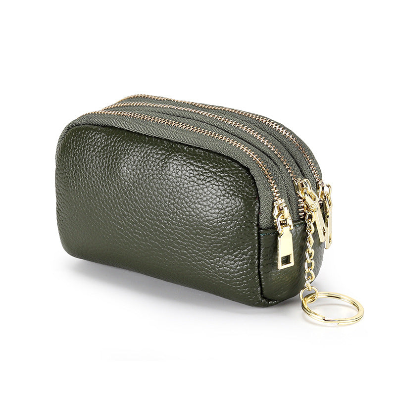 Mini First Layer Cowhide Triple Zipper Coin Purses