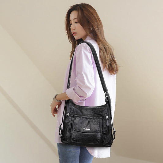 Women's Capacity Simple Portable Washed Soft Leather Korean Handbags