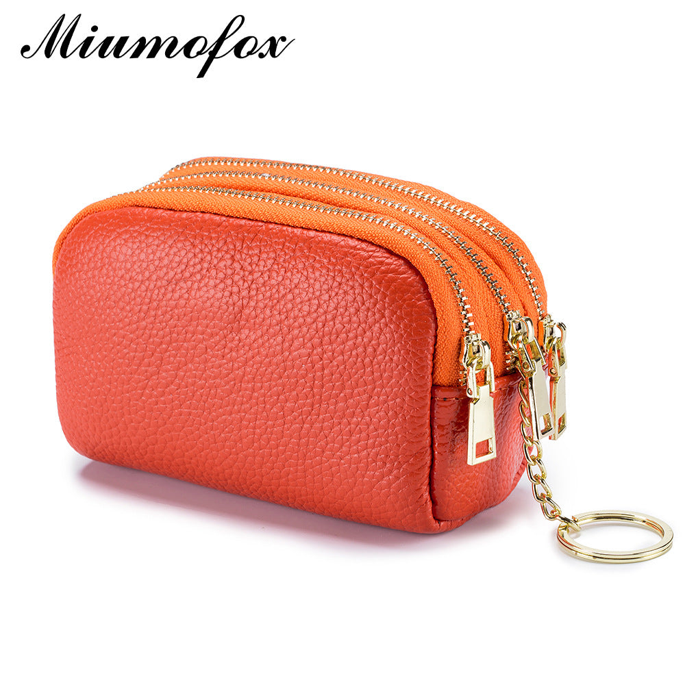 Triple Zipper First Layer Cowhide Simple Mini Coin Purses