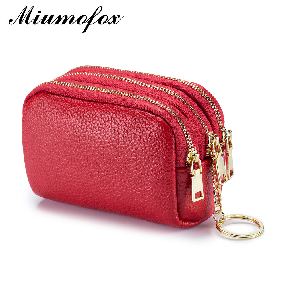 Triple Zipper First Layer Cowhide Simple Mini Coin Purses