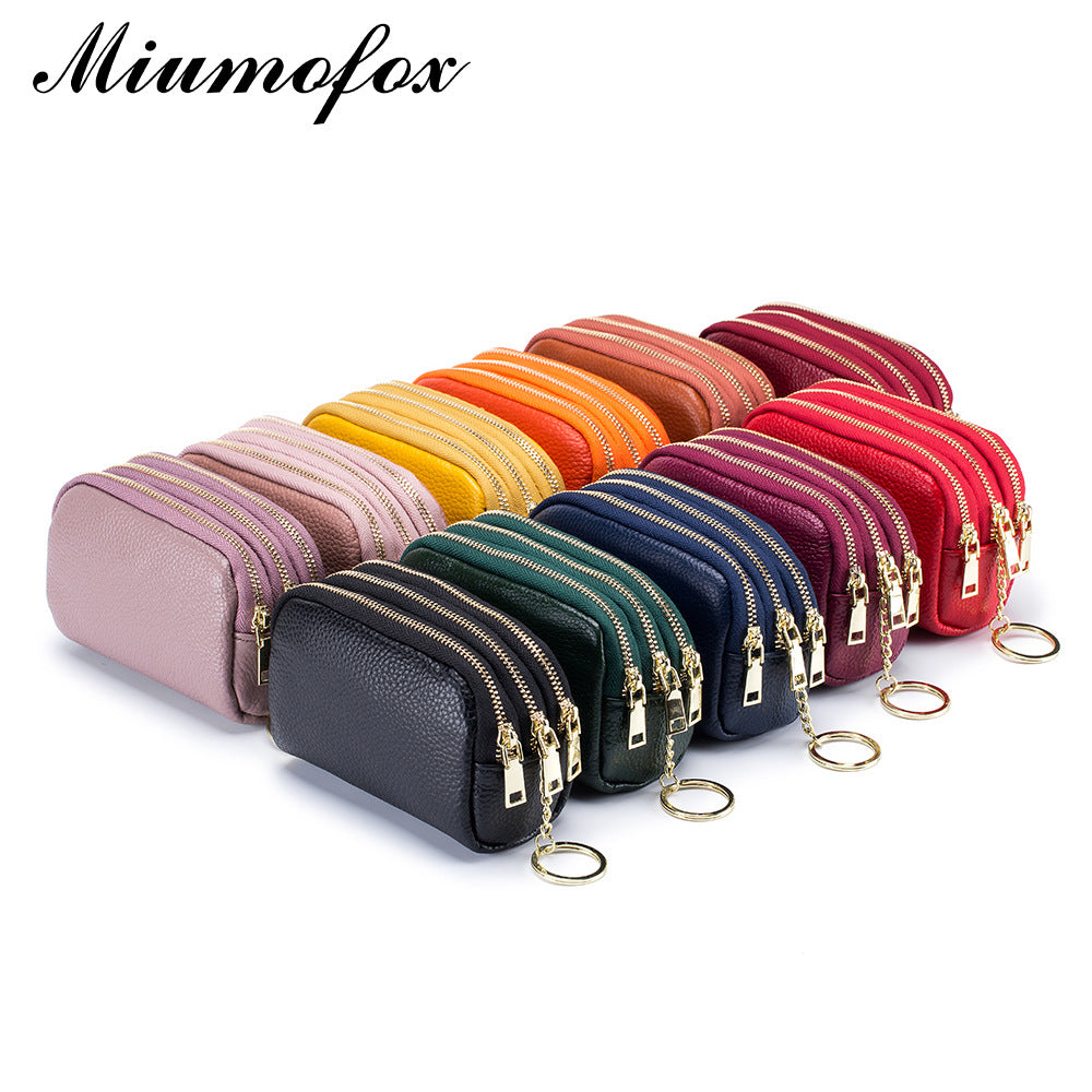 Triple Zipper First Layer Cowhide Simple Mini Coin Purses