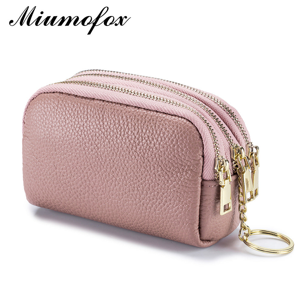 Triple Zipper First Layer Cowhide Simple Mini Coin Purses
