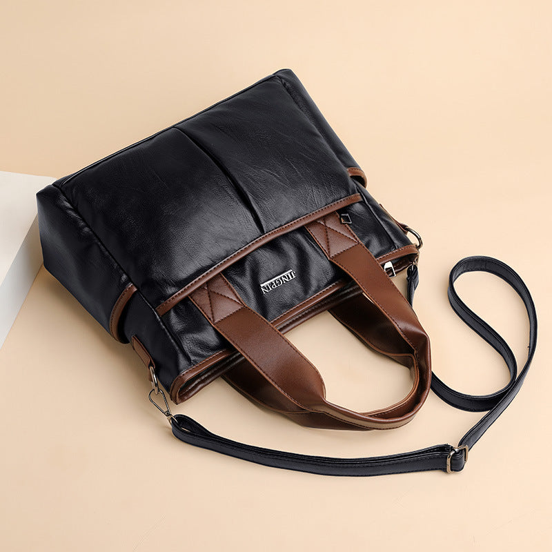 Women's Soft Leather Textured Retro Contrast Color Temperament Bags