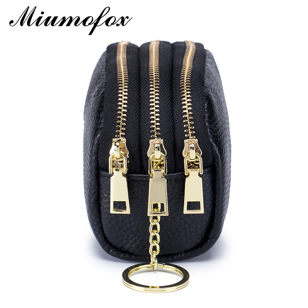 Triple Zipper First Layer Cowhide Simple Mini Coin Purses