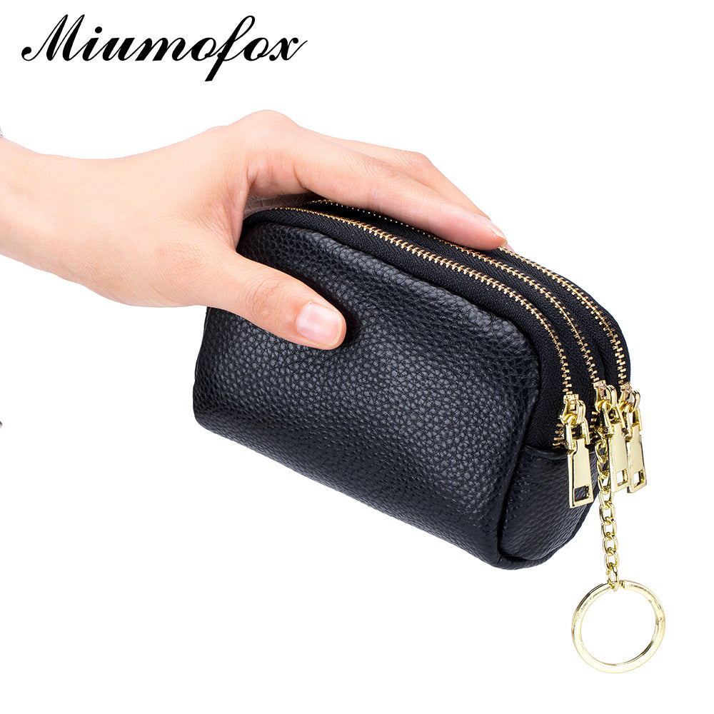 Triple Zipper First Layer Cowhide Simple Mini Coin Purses