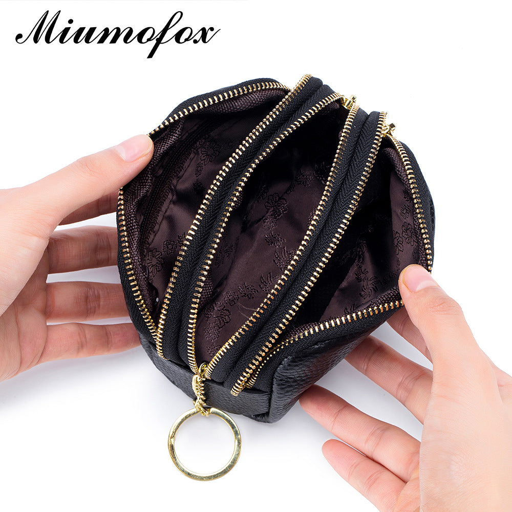 Triple Zipper First Layer Cowhide Simple Mini Coin Purses