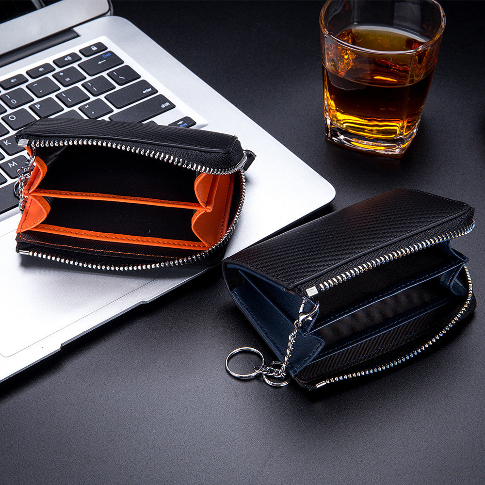 Men's Genuine Leather Carbon Fiber Pattern Zipper Card Holder