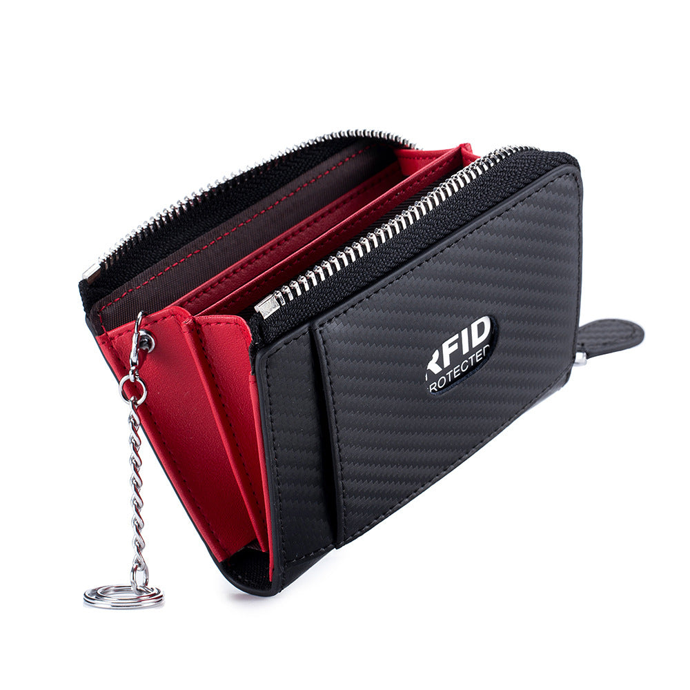 Men's Genuine Leather Carbon Fiber Pattern Zipper Card Holder