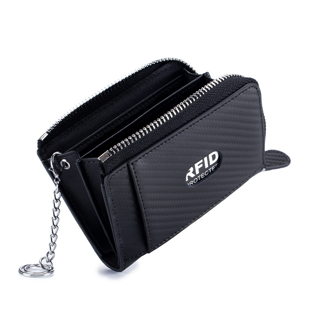 Men's Genuine Leather Carbon Fiber Pattern Zipper Card Holder