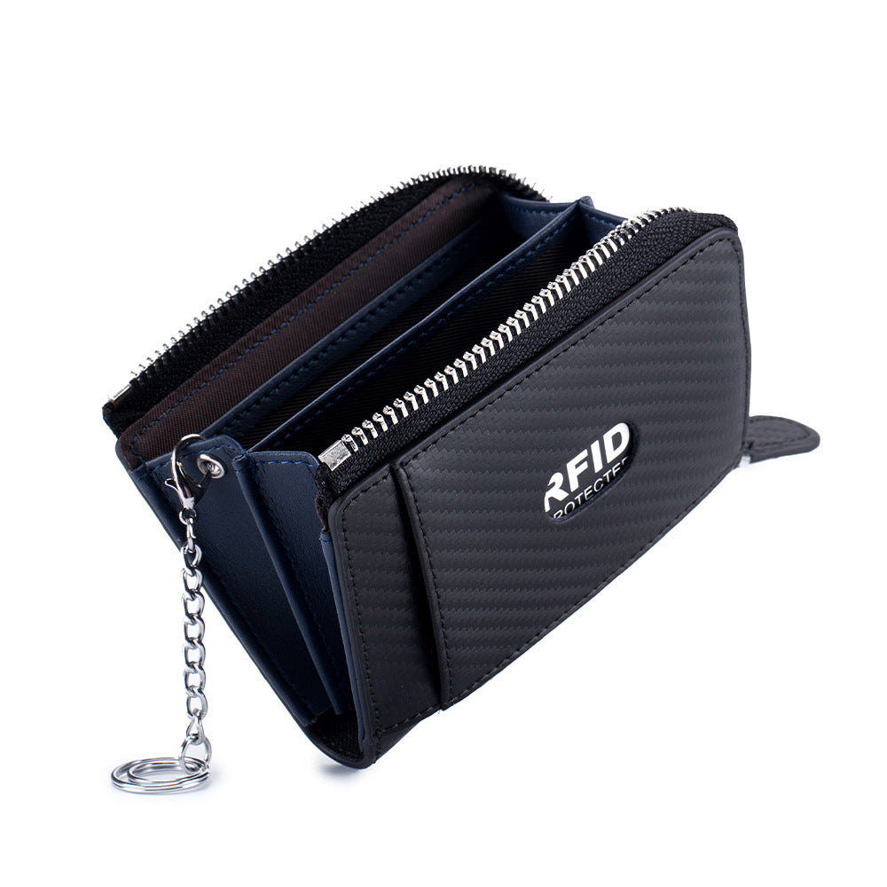 Men's Genuine Leather Carbon Fiber Pattern Zipper Card Holder