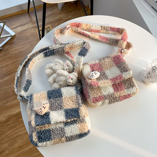 College Style Vintage Soft Contrast Color Lamb Crossbody Bags