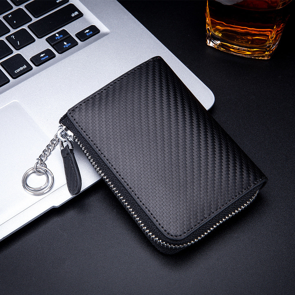Men's Genuine Leather Carbon Fiber Pattern Zipper Card Holder