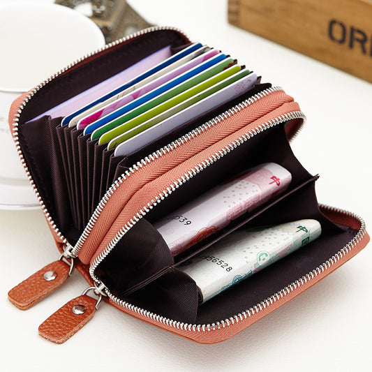 Leather Organ Double Zipper Multiple Slots Card Holder