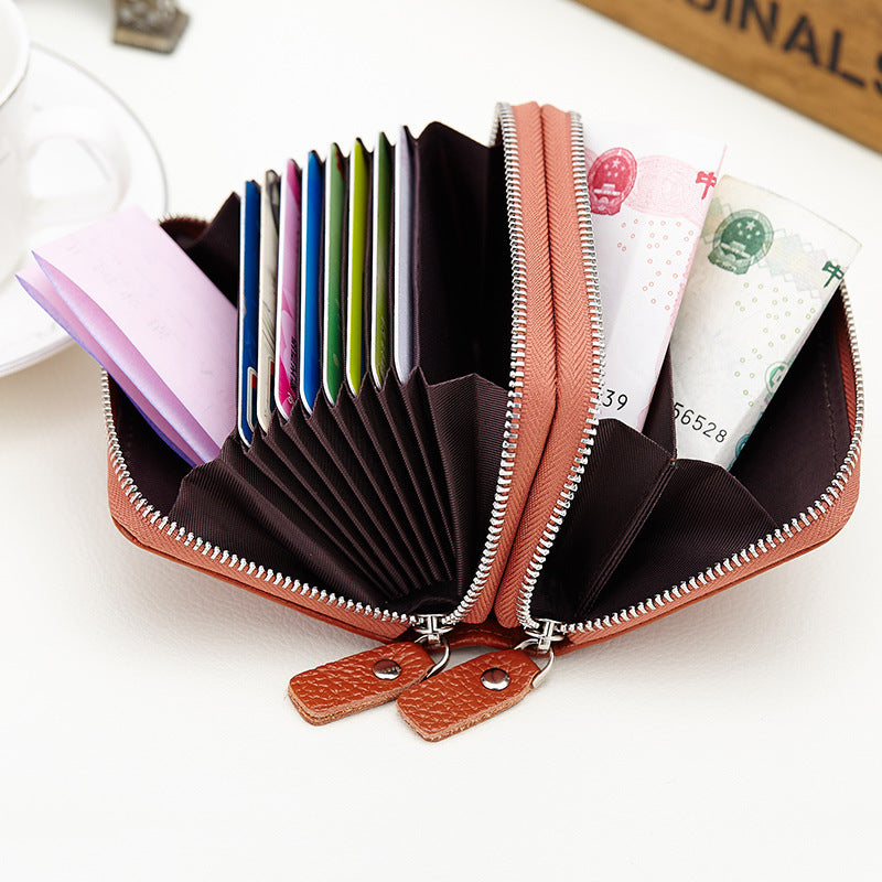 Leather Organ Double Zipper Multiple Slots Card Holder