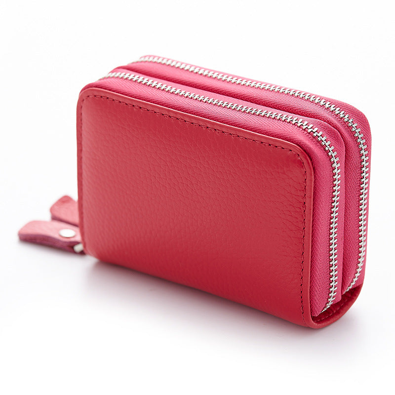 Leather Organ Double Zipper Multiple Slots Card Holder