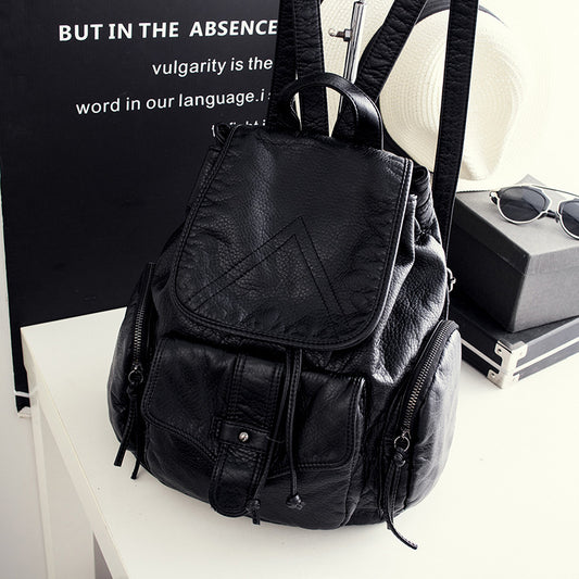 Women's Leather Korean Preppy Style Washed Black Backpacks