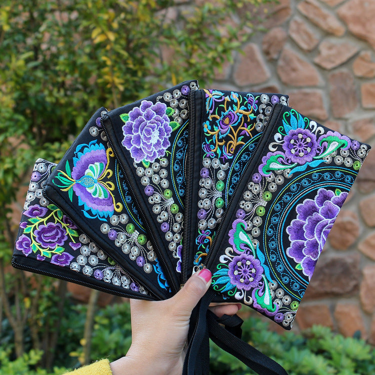 Women's Ethnic Embroidery Clutch Fabric Long Change Coin Purses