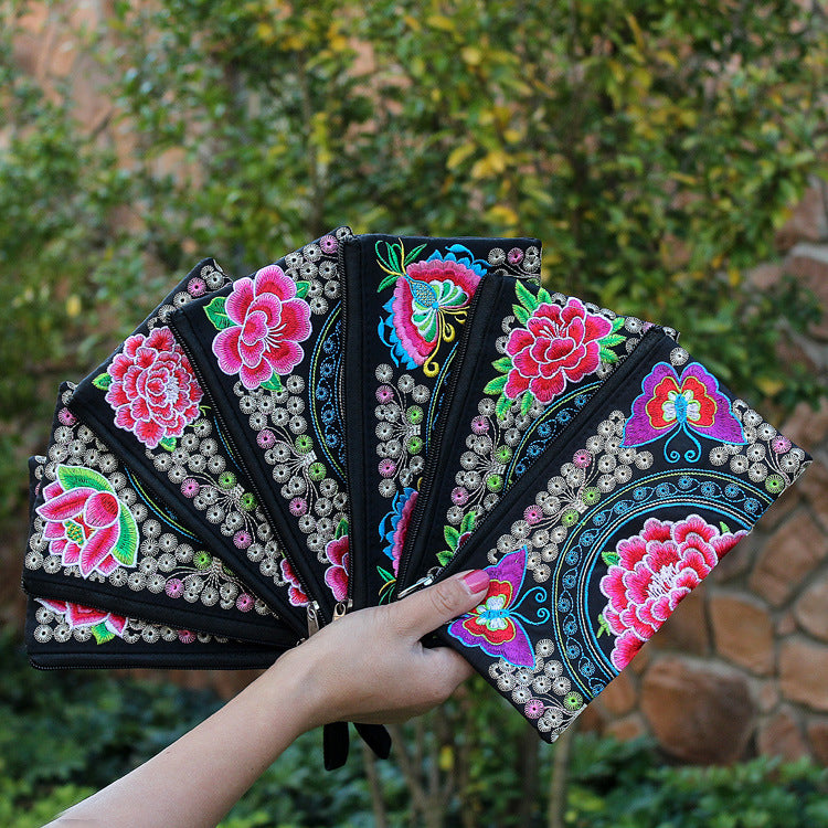 Women's Ethnic Embroidery Clutch Fabric Long Change Coin Purses