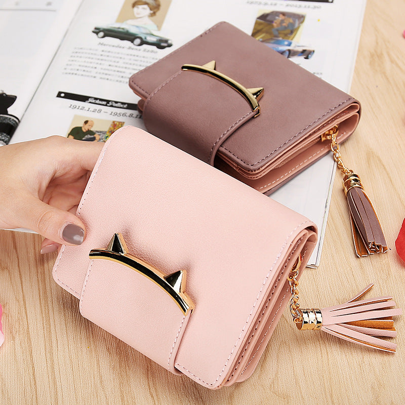 Women's Short Personalized Tassel Zipper Cute Cat Ladies Wallet