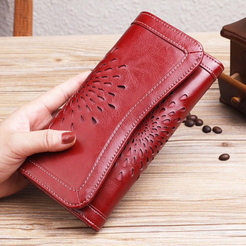 Women's Long Genuine Leather Vintage Oil Wax Cattlehide Fashion Ladies Wallet