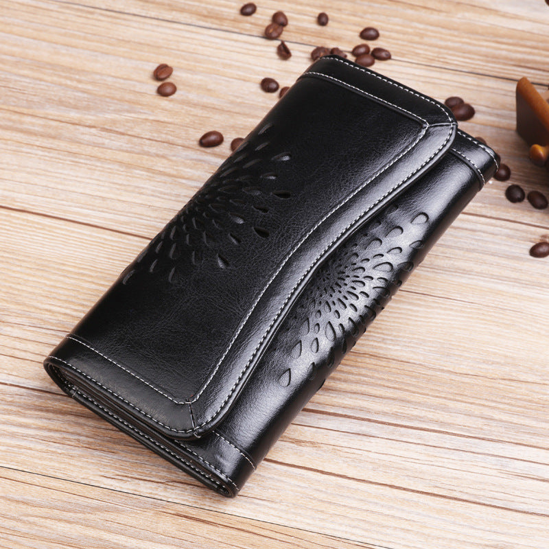 Women's Long Genuine Leather Vintage Oil Wax Cattlehide Fashion Ladies Wallet