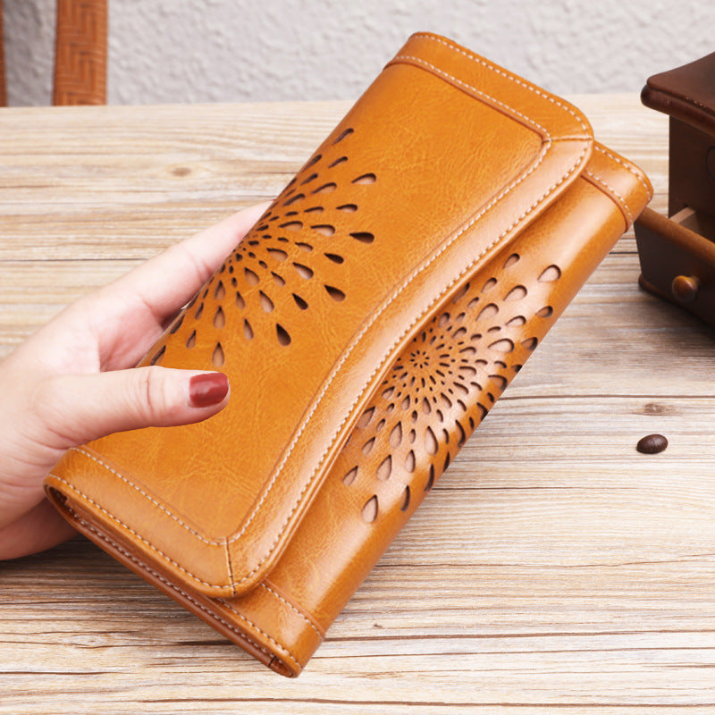Women's Long Genuine Leather Vintage Oil Wax Cattlehide Fashion Ladies Wallet