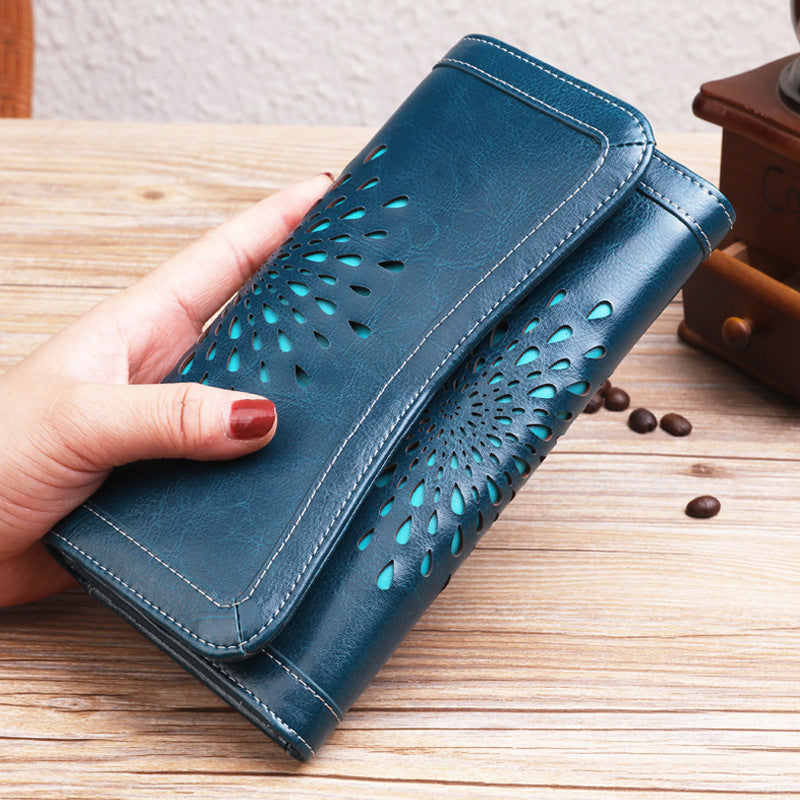 Women's Long Genuine Leather Vintage Oil Wax Cattlehide Fashion Ladies Wallet