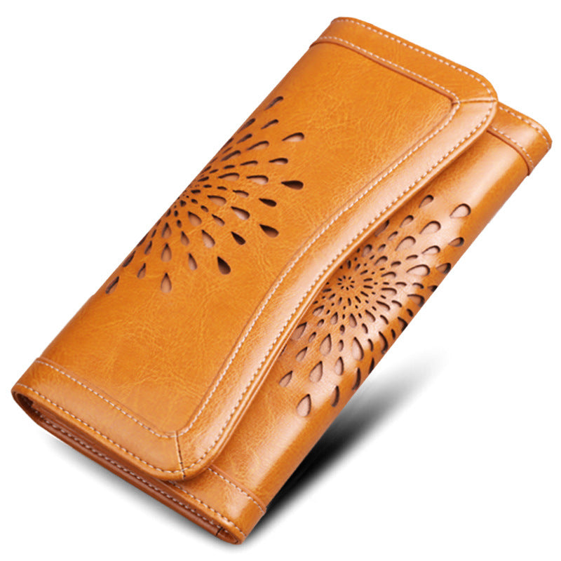 Women's Long Genuine Leather Vintage Oil Wax Cattlehide Fashion Ladies Wallet