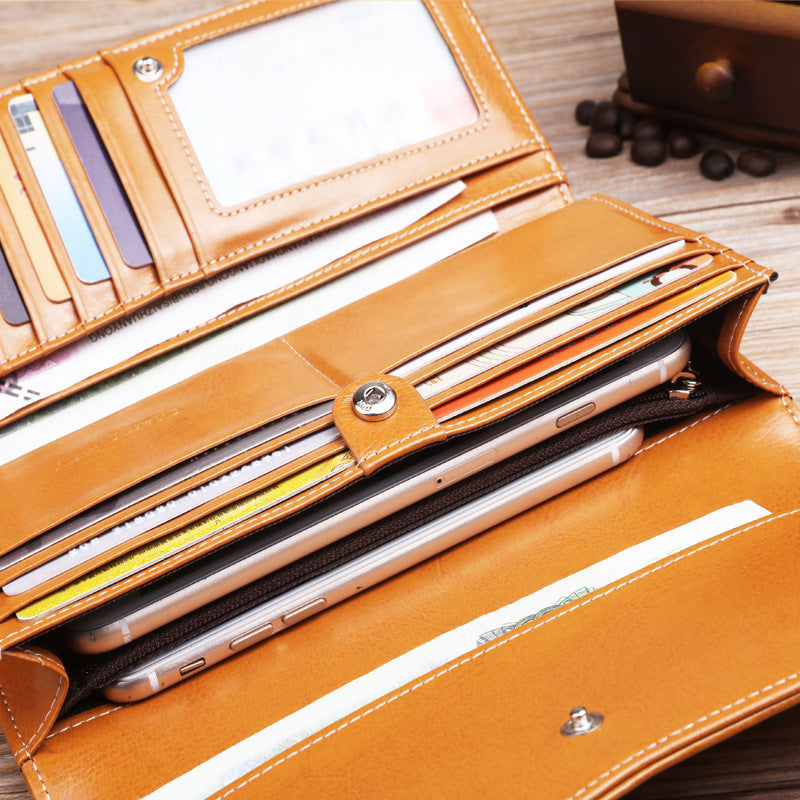 Women's Long Genuine Leather Vintage Oil Wax Cattlehide Fashion Ladies Wallet