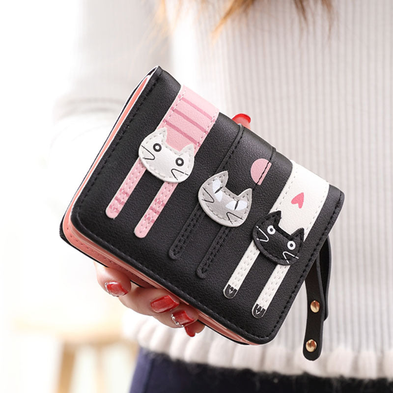 Women's Zipper Hasp 2 Fold Cartoon Cute Three Cats Soft Women's Shoulder Bag