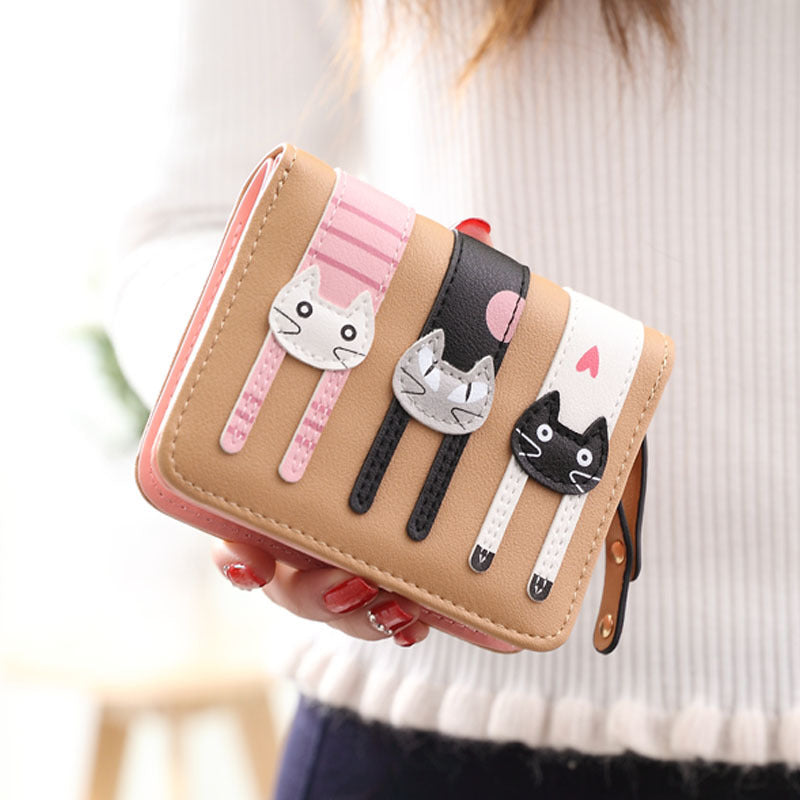 Women's Zipper Hasp 2 Fold Cartoon Cute Three Cats Soft Women's Shoulder Bag