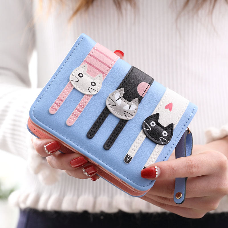 Women's Zipper Hasp 2 Fold Cartoon Cute Three Cats Soft Women's Shoulder Bag