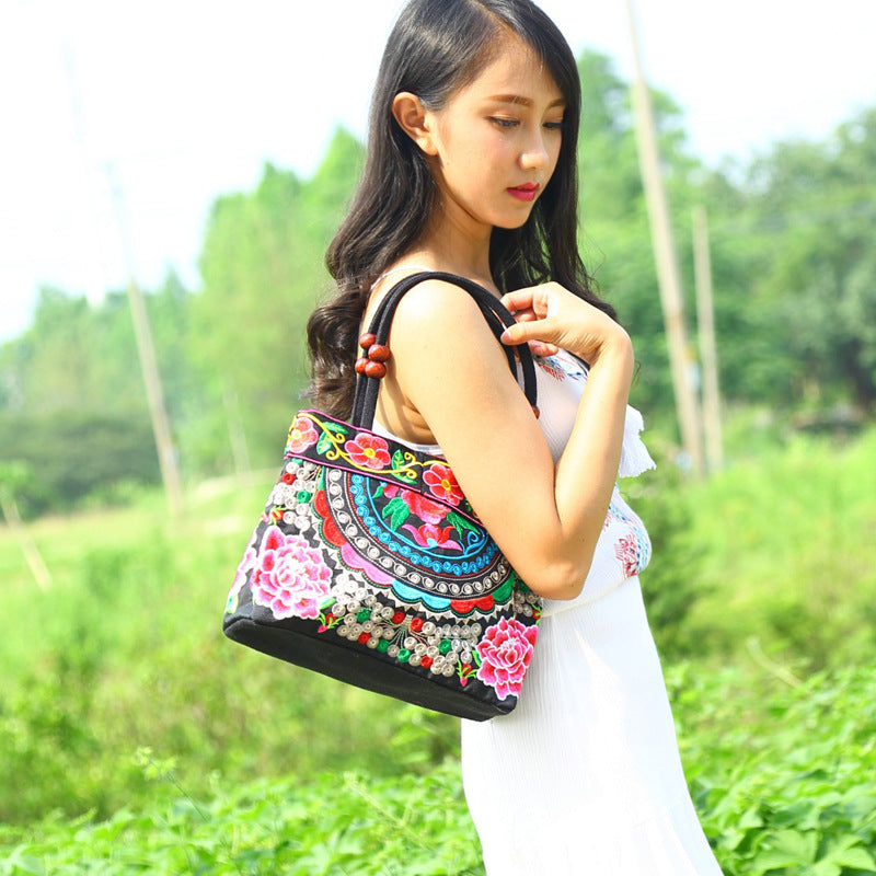 Women's Style Canvas Embroidered Embroidery Wooden Bead Handbags