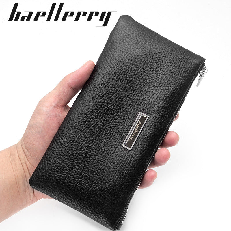 Men's Cowhide Soft Leather Long Multifunctional Zipper Litchi Handbags