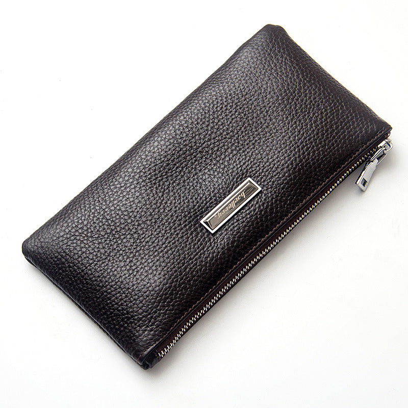 Men's Cowhide Soft Leather Long Multifunctional Zipper Litchi Handbags