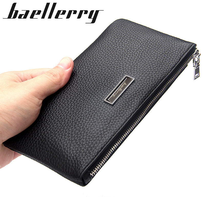 Men's Cowhide Soft Leather Long Multifunctional Zipper Litchi Handbags