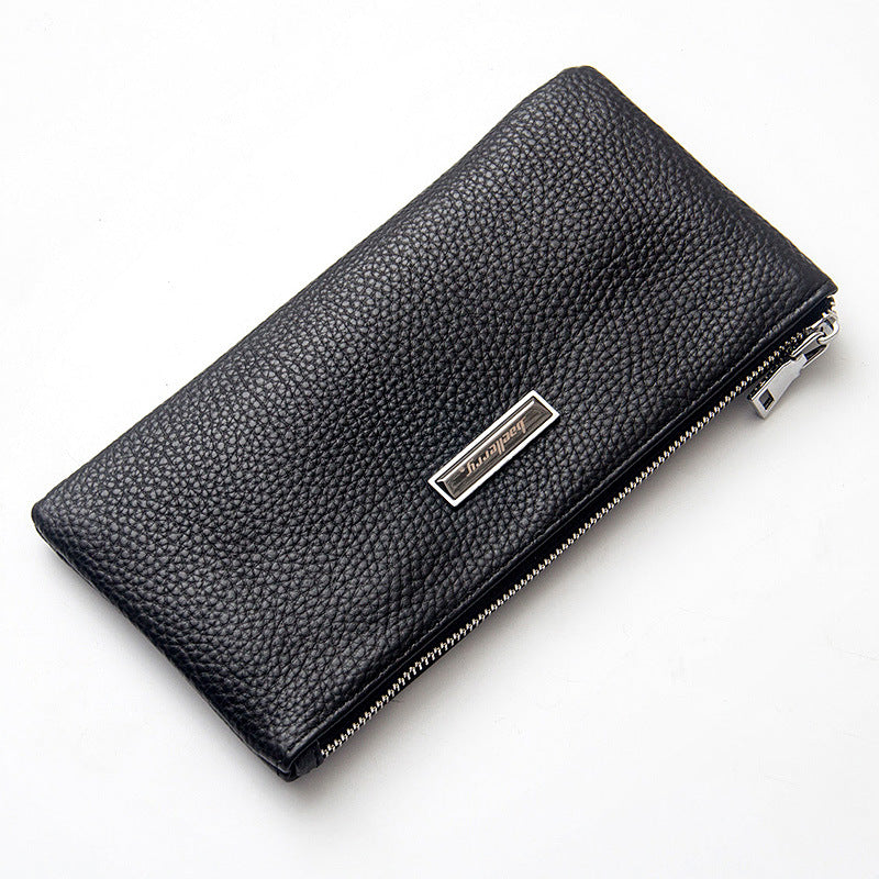 Men's Cowhide Soft Leather Long Multifunctional Zipper Litchi Handbags