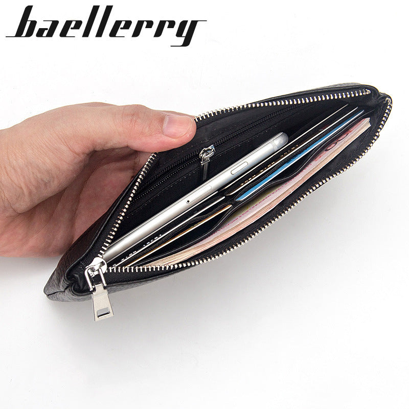 Men's Cowhide Soft Leather Long Multifunctional Zipper Litchi Handbags