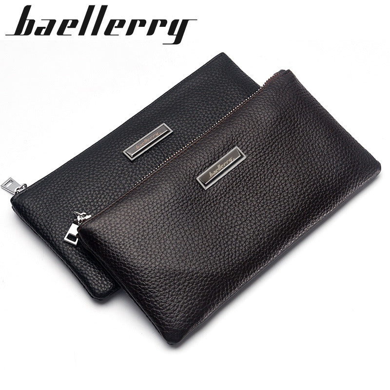 Men's Cowhide Soft Leather Long Multifunctional Zipper Litchi Handbags